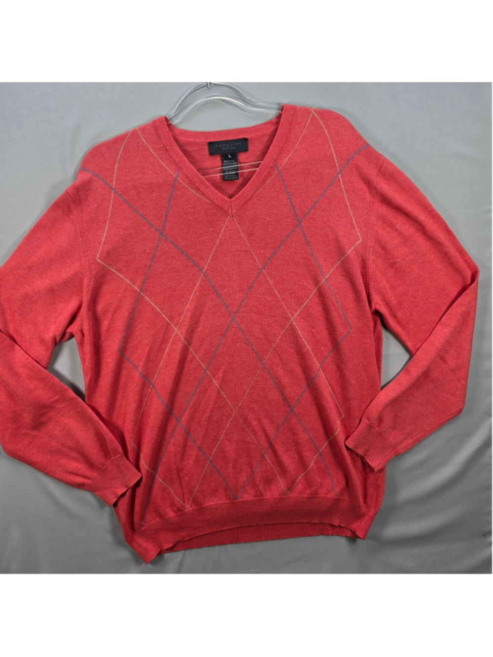 Lungarno Mens L Argyle V Neck Sweater Red Coral Cotton Rayon Made Italy